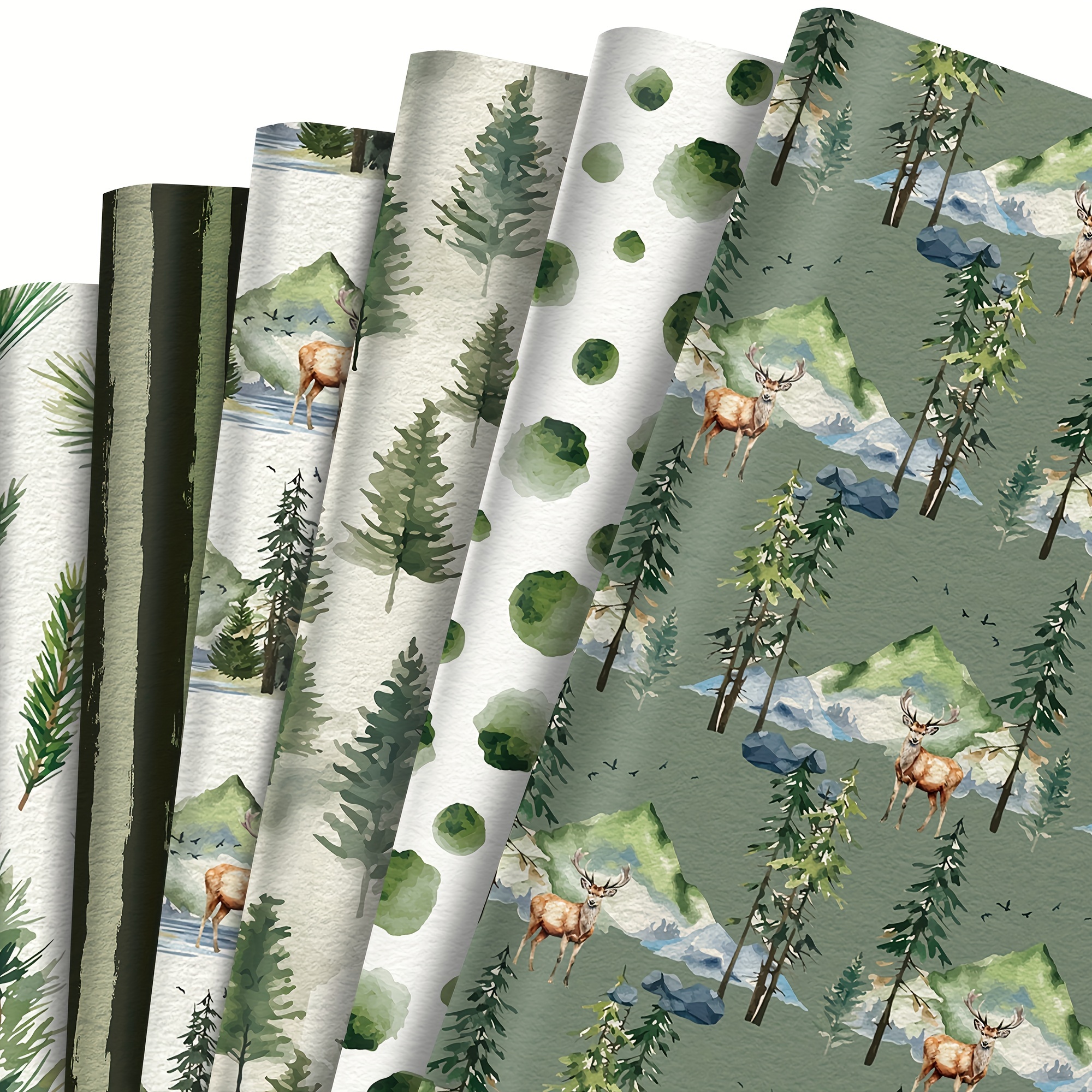 

Lot de 6 Papiers d'Emballage sur le Thème de la Forêt de Noël | Motifs d'Arbres Verts Aquarelle & Renne | Parfait pour Cadeaux, Anniversaires, Mariages | Feuilles Plates de 19.7x27.6 pouces