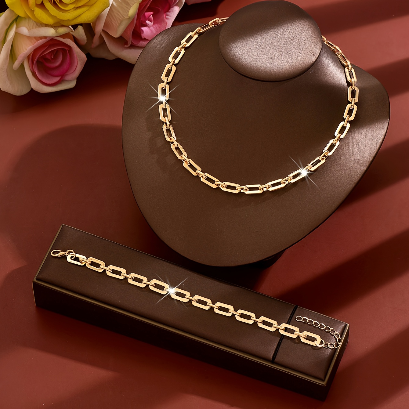 Vintage Rectangular Box Chain Necklace and Bracelet Set