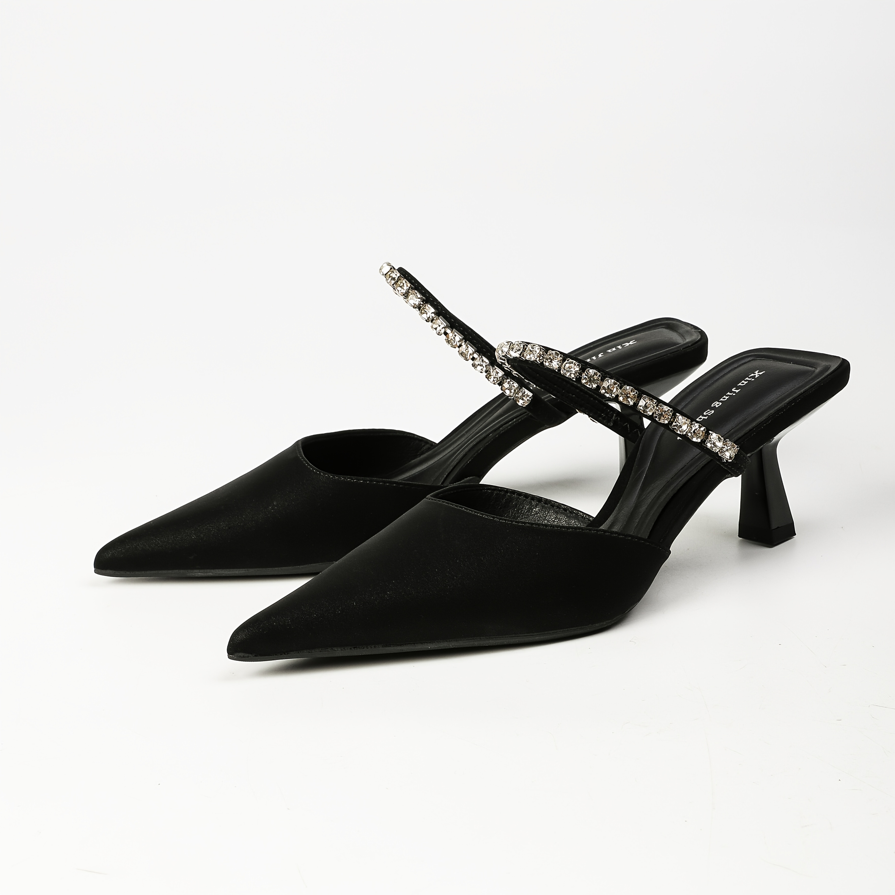 Image of Black Temperament Fine Rhinestone Strap Pointed High Heels Slippers, Bride Toast Shoes, White Dress High Heels, Women Shoes