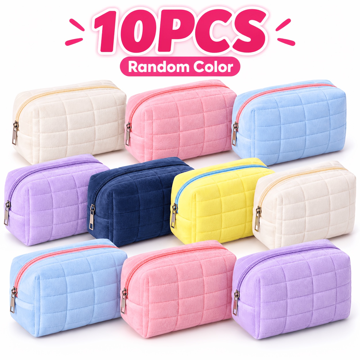 TEMU 10pcs Plush Quilted Makeup Bags, Soft Checkered Storage Pouches, Portable Zippered Bags, Random Colors For Travel Makeup And Daily Small Items
