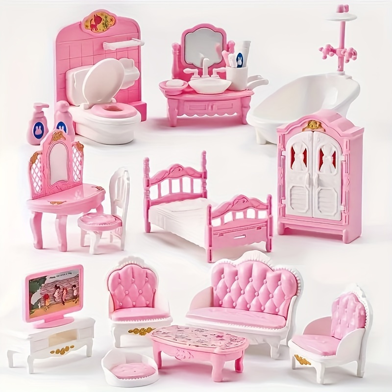 

Pink Dollhouse Furniture Set, Miniature Living Room, Kitchen, Bedroom & Bathroom Playset, Durable Plastic Toy For Girls 3-8 Years Old - 1:12 Scale Pretend Play Housekeeping Collection