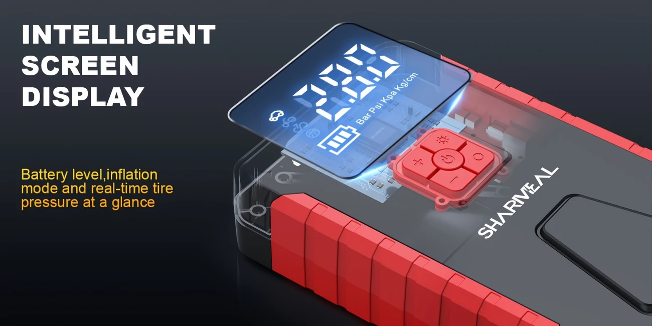 sharweal 4500a peak automotive jump starter 150psi tire inflator air compressor car jump starter emergency battery booster compressor with real time pressure monitoring led safety light usb c power bank details 4