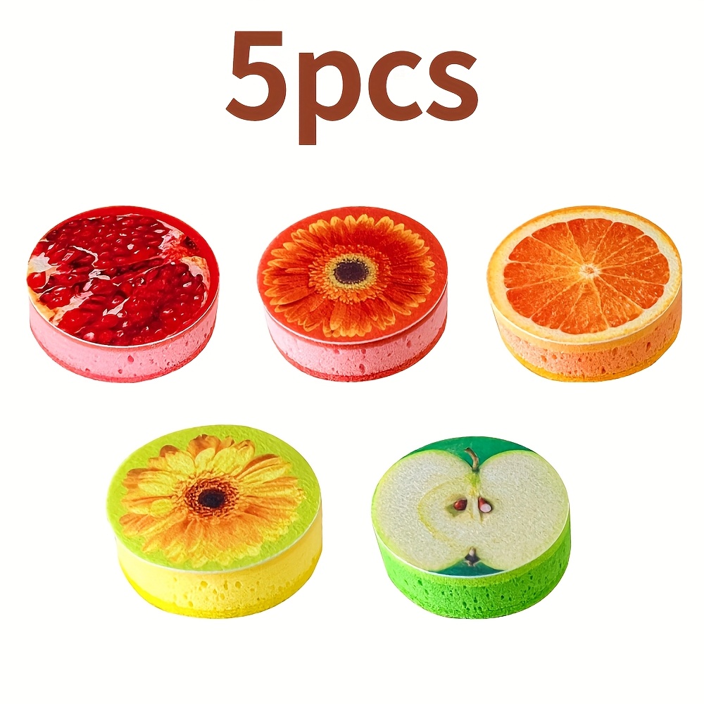 Three-layer Fruit Pattern Dishwashing Sponge - Polyester Kitchen Cleaning Tool With Vibrant Orange, , And Floral Designs For Dishes, Pots, And Utensils, Dishwashing Accessories