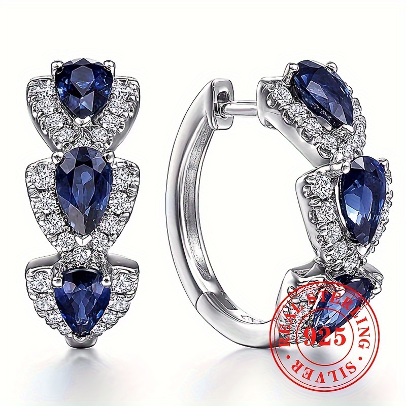 TEMU Elegant Luxury 925 Sterling Silver Hoop Earrings With Sapphires, September Birthstone, For Daily & Banquet , Ideal Valentine's Day Gift - 1 Pair