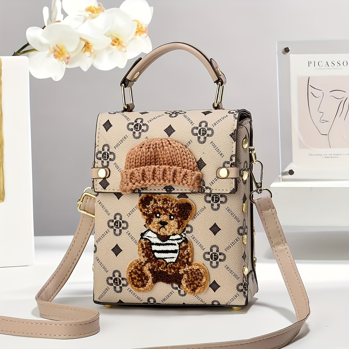 chic mini teddy bear knit hat design womens handbag retro geometric pattern magnetic closure brown with hardware large capacity multi layer purse for everyday use cute purse Product details 3