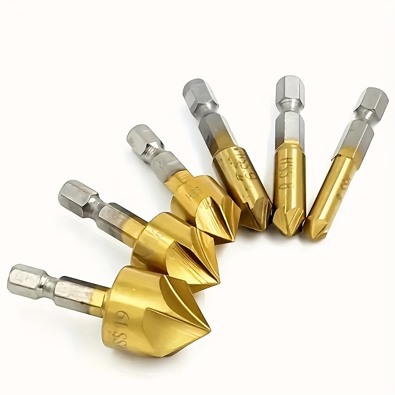 

6pc Hex Shank Titanium Coated Hss 5-blade Countersink Drill Bits Set For Woodworking, Deburring And Chamfering With High Speed Steel Material