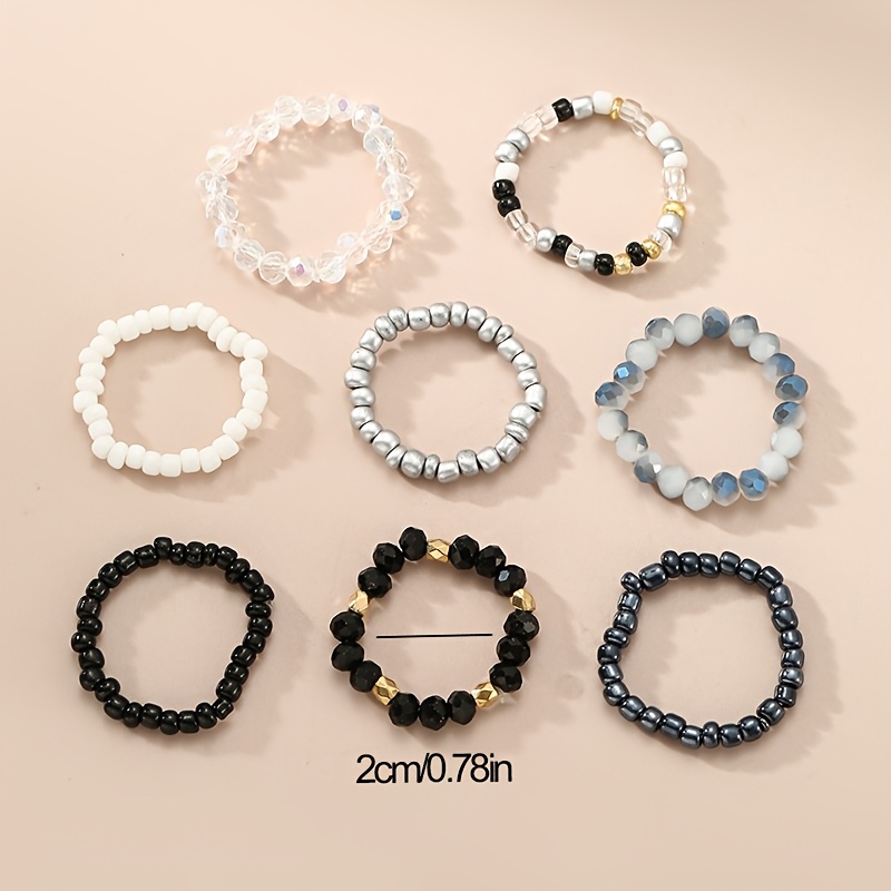 8pcs set summer beach vacation colorful rice bead elastic rope ring set bohemian style mixed color matching hand accessories
