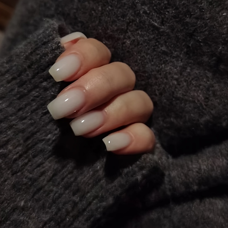 TEMU Milky White Nude Color Simple 24pcs European Square Shows Of Women, White And Versatile Wearable Nail Piece Set Contains 1pc Of Convenient Nail Stickers And 1 Nail Stamp Strip