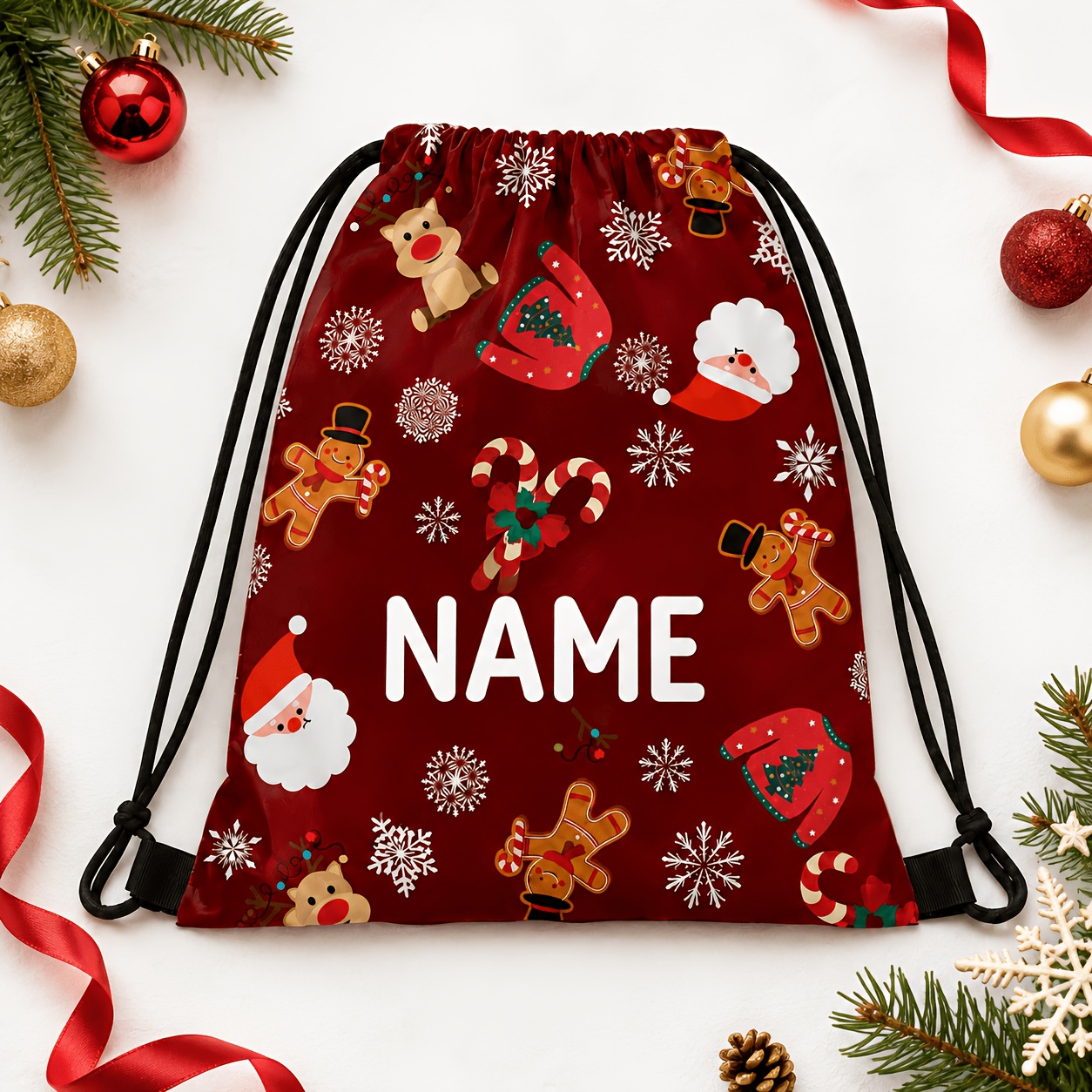 TEMU Personalized Christmas Custom Drawstring Backpack Single Unit ( Drawstring Bag), Support Custom Name, Fresh Christmas Printed Pouch, Thick And