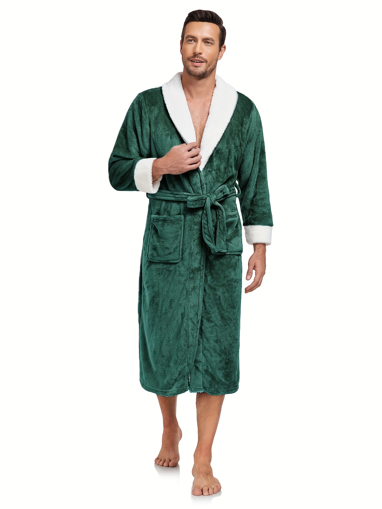 men's autumn/winter contrast color collar flannel nightgown Temu - Technical View