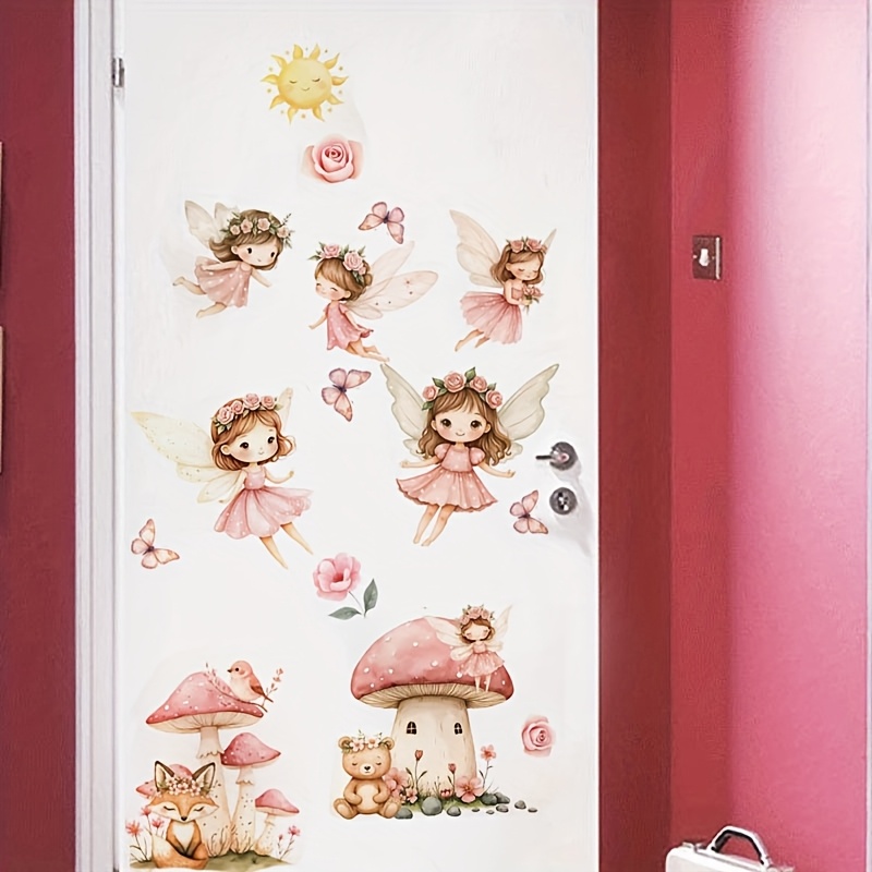 Image of Pink Fairy Mushroom House Bear Wall Sticker, Decorate Living Room Porch Bedroom Self-adhesive Painting, Removable Pvc Wall Sticker