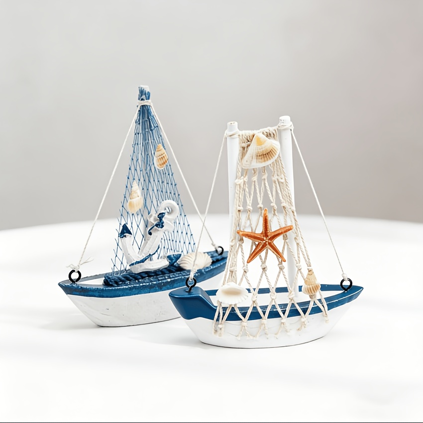 2pcs Resin Mediterranean Sailboat Model, Bathroom Accessories, With Starfish Shells And Ship's Anchors, Ocean Theme Desktop Decor, Suitable For Home Decor And As Gifts For