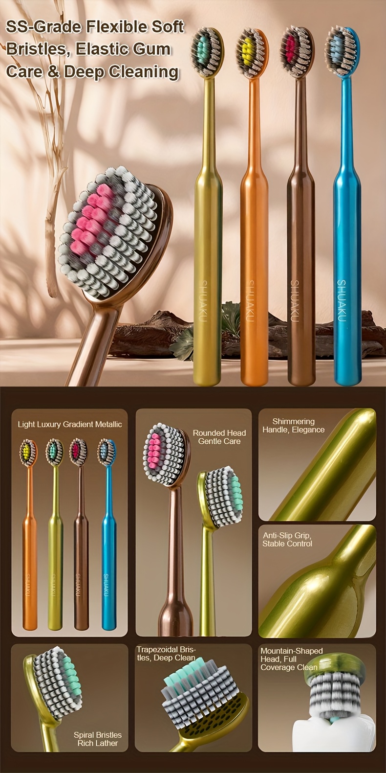 4pcs/8pcs, 4 Colores de Cepillo de Dientes Manual para Adultos con Cerdas Suaves, Cabeza de Cepillo Triple Zona en Forma de Montaña Convexa, Suave y Fácil de Usar, Mango de Lujo Ligero, Antideslizante, Esencial para la Limpieza Profunda y el Cuidado de las Encías y la Cavidad Oral