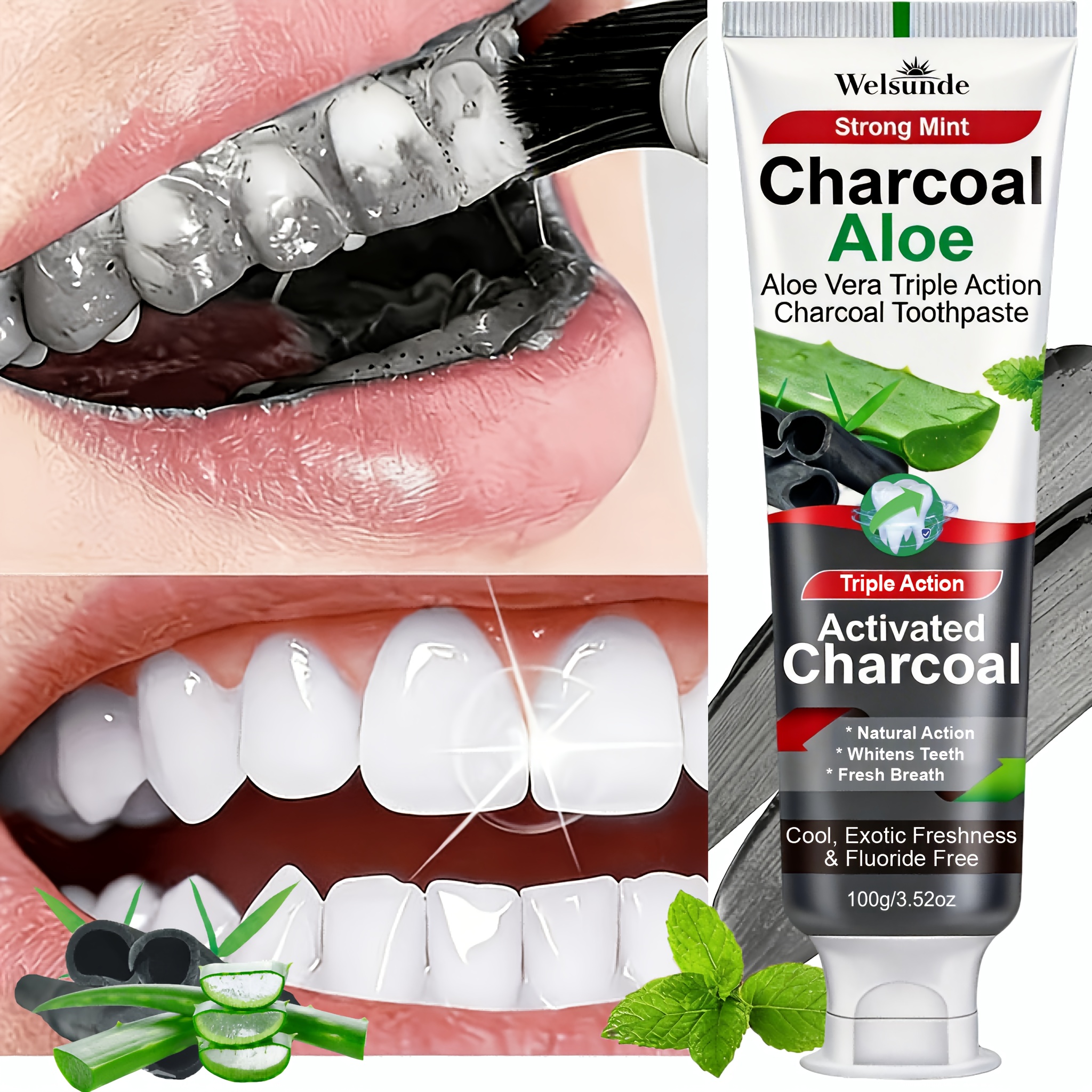 Image of Activated Charcoal Aloe Vera Toothpaste, Strong Mint Flavor, -free Triple Action Toothpaste, , Deep Cleansing, Long- Breath, Toothpaste, Gentle Daily Oral Ages, Suitable For Home & Travel Use