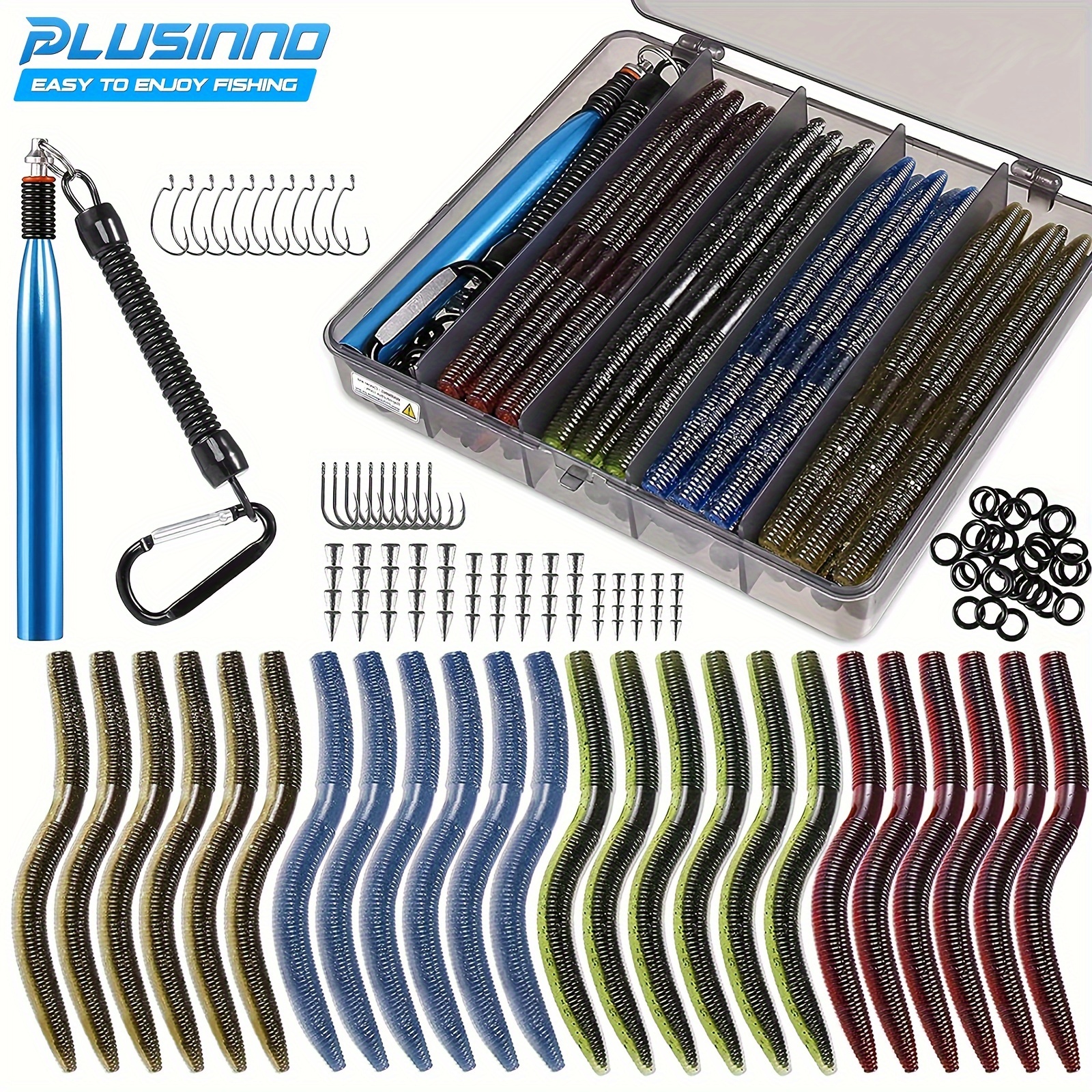 

Plusinno 133pcs Fishing Lure Kit, Soft Plastic Fishing Lures, Grub Baits Hook Wacky Rig Bass Trout Fishing Worms Lures W/tackle Box