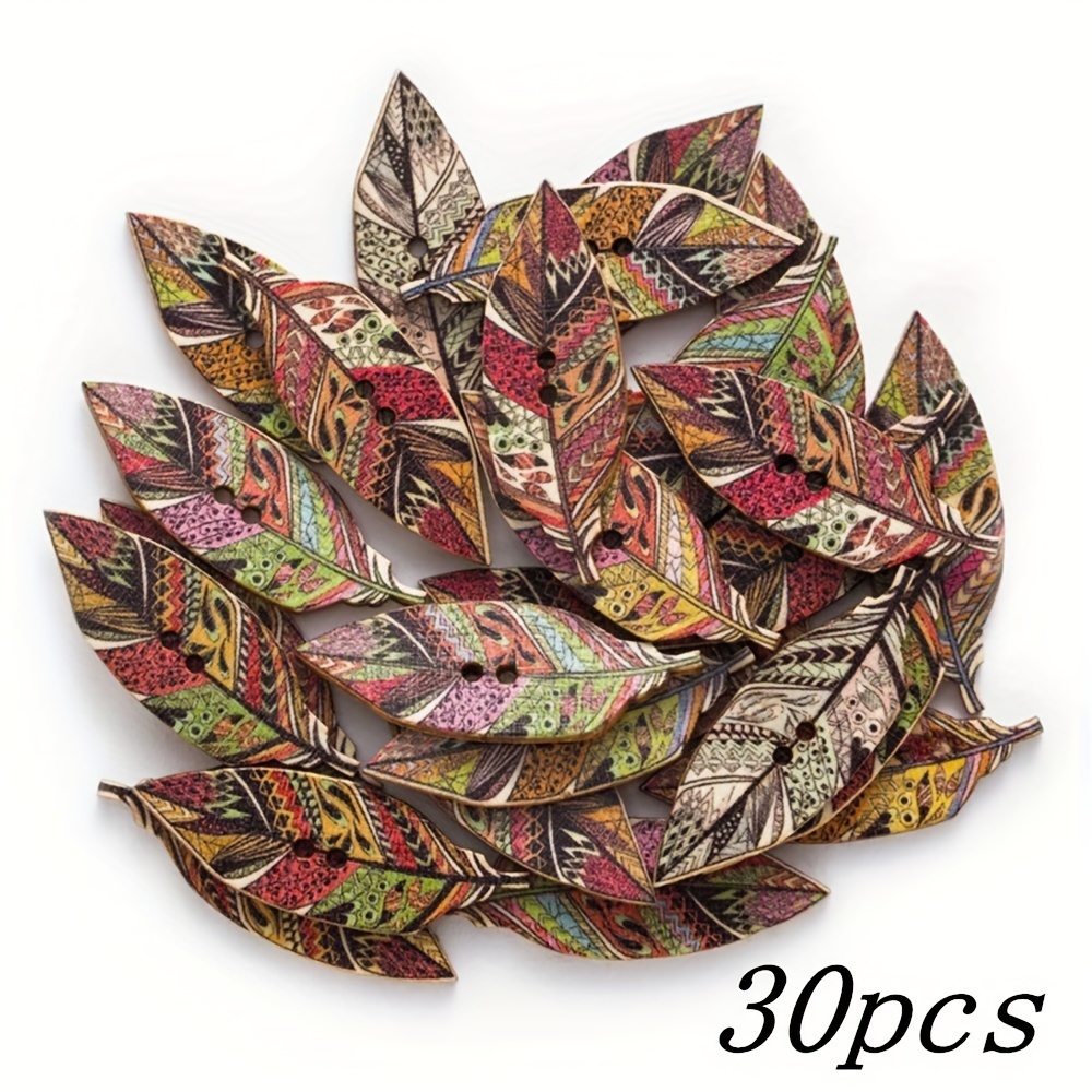 Image of 30 Assorted Colored Leaf And Feather Buttons Made Of Wood, Perfect For Crafts, Decoration, Sewing, And Scrapbooking. Dimensions: 1.5cm X 4.2cm (0. X 1.65 Inches)