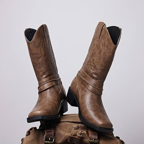 new mens western cowboy high top boots with buckles retro embroidered riding boots that are easy to put on and casual outdoor cycling boots