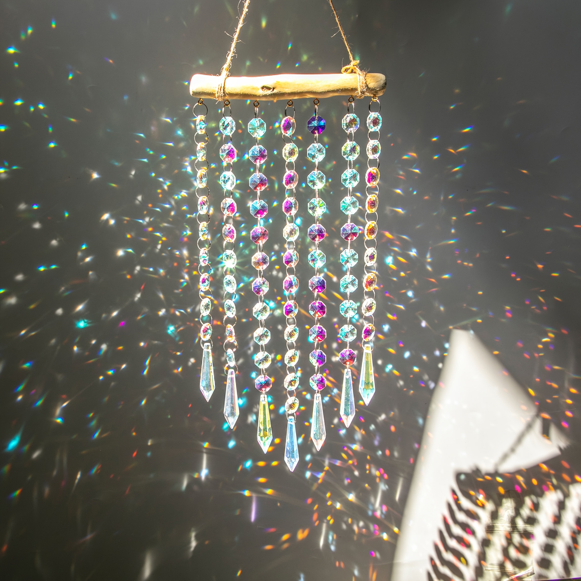Image of Hanging Crystal Prism Sun Catcher Ornament Crystal Wind Chimes Colorful Glass Beads Chain Pendant Decorative Mobiles