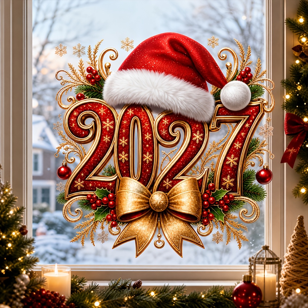 TEMU 1pc Red And Golden Glitter 2027 Christmas New Year Window Cling, Christmas Hat Snowflake Decorative Glass Sticker, Suitable For Home Bedroom