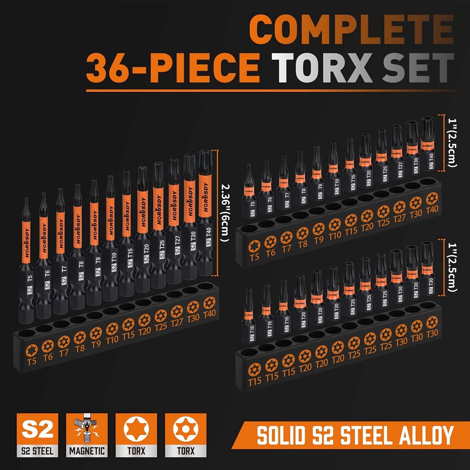 36pcs Horusdy Impact Torx Bit Set, S2 Steel Tamper-proof Star Bits T5-t40, Knurled Head, 1" & 2.3" Length, With Storage Case For Impact Driver