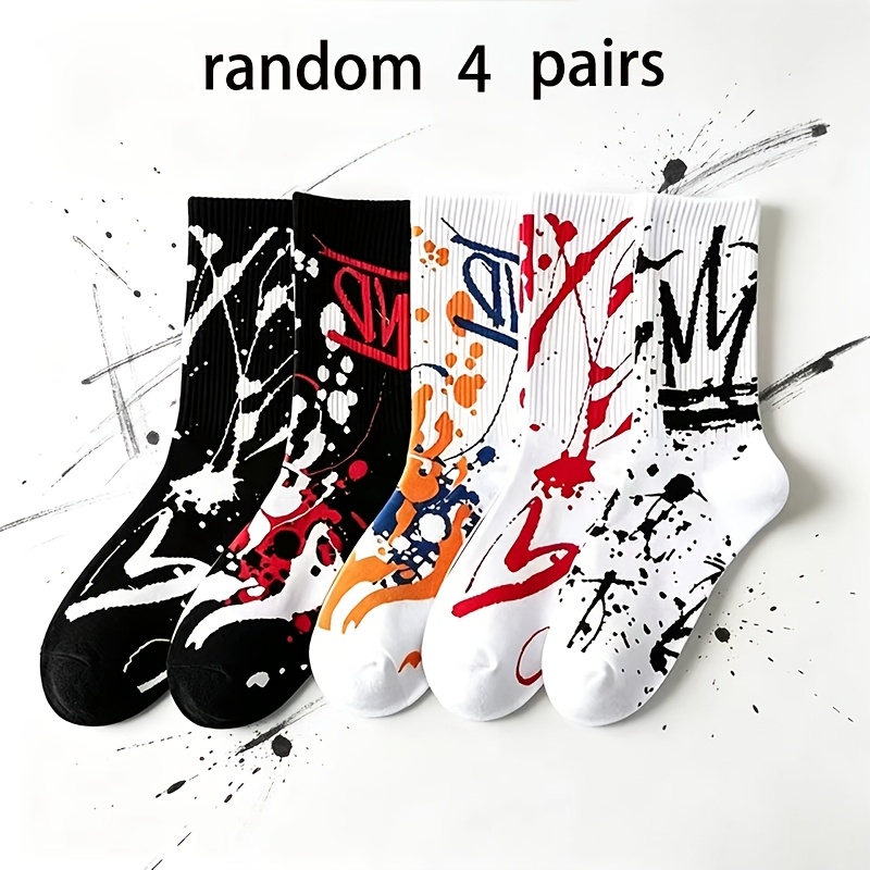 TEMU Random 4 Pairs Unisex Street Trendy Graffiti Couple Mid-calf Socks, Fashionable Individual Versatile Mid-calf Socks, Comfortable For Daily Wear