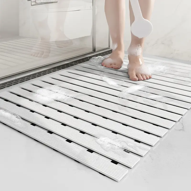 non slip shower mat with suction cups and drainage holes quick dry hard cut to any size 17 x24 43x60cm suitable for wet and slippery floors in showers and bathtubs durable white and gray easy to clean bathroom mat shower mats for bathrooms bathtub safety modern bathroom decor surface nonslip backing striped pattern durable pvc conscious buyers Product details 2