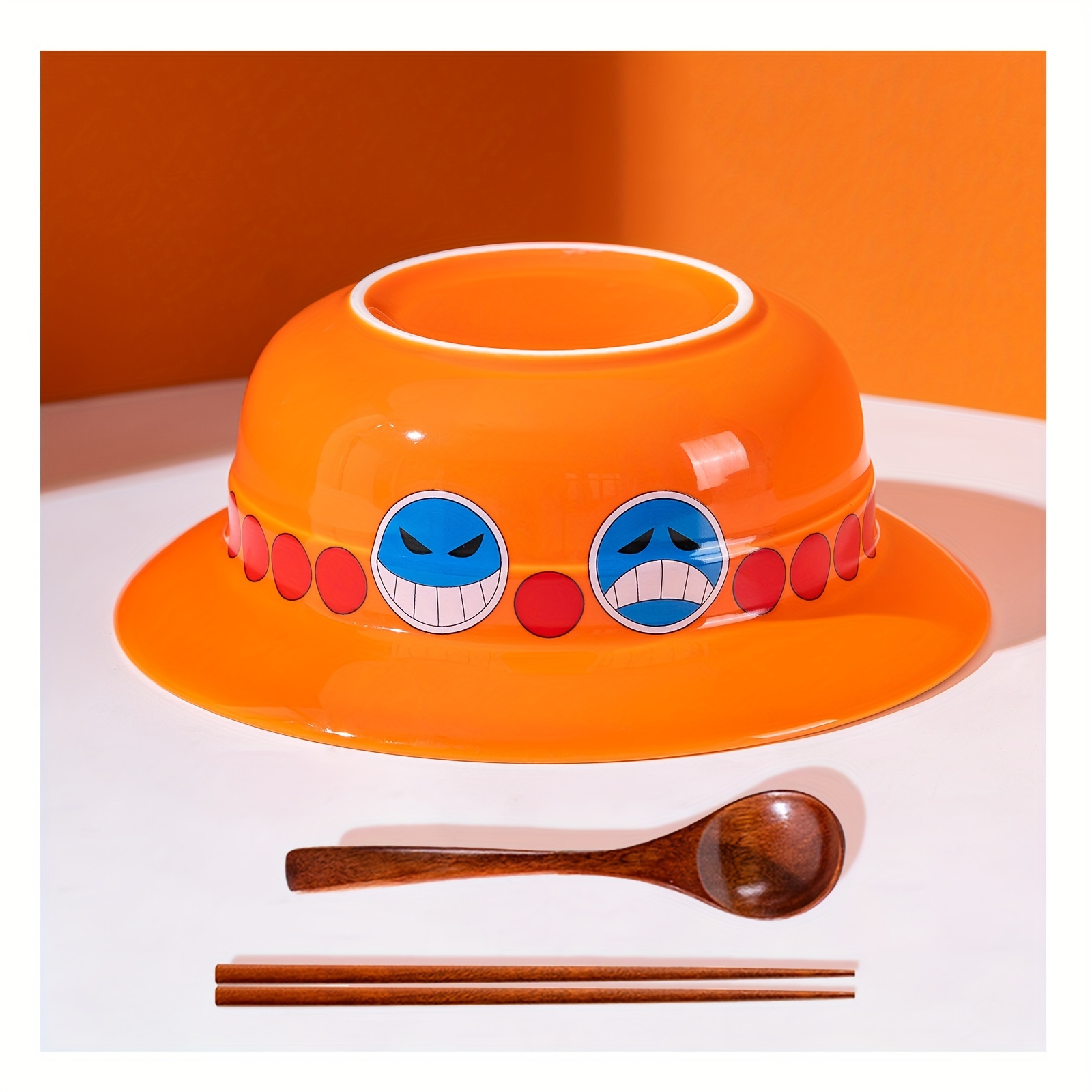 

3 Piece Anime Ramen Bowl Set Straw Hat Ceramic With 1 Chopsticks And 1 Spoon-orange Color