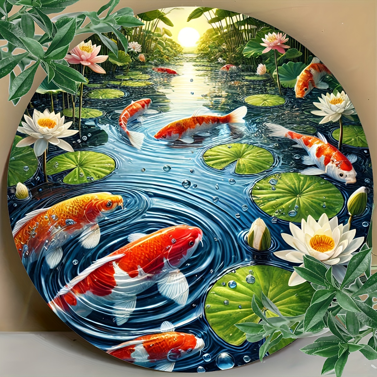 

1pc Vintage-inspired Round Metal Wall Art, Koi Fish & For Lotus Pond Scene - Aluminum Decorative Sign For Home, Garden, Office, No Power Needed, Outdoor Decor