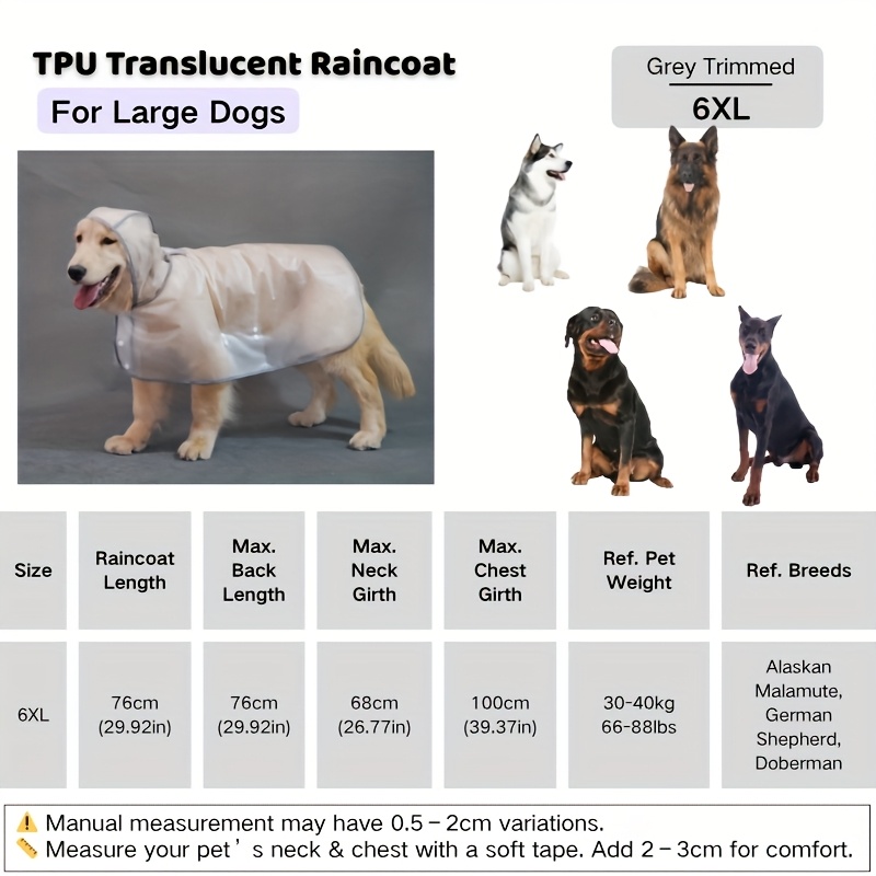 Translucent Hood Dog Raincoat For Large And Enormous Dogs – Stylish Summer Tpu With , Snap Closure, – Golden Retriever, Labrador, Husky, German Shepherd, Rottweiler And More