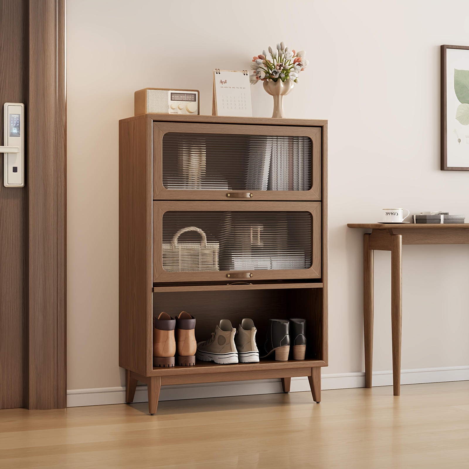 wooden bookshelf multi layer bookshelf with tempered cabinet glass door brown decorative cube storage box bookshelf multi functional storage cabinet suitable for kitchen home office Product details 2
