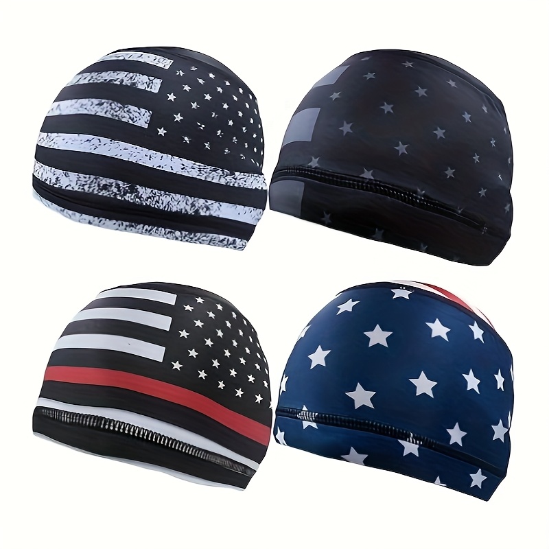 

4pcs Patriotic Cooling Skull Caps & Helmet Liners - Sweat-wicking, Breathable Polyester Beanies With American Flag Designs For - Ideal For Running, Cycling & Outdoor Activities