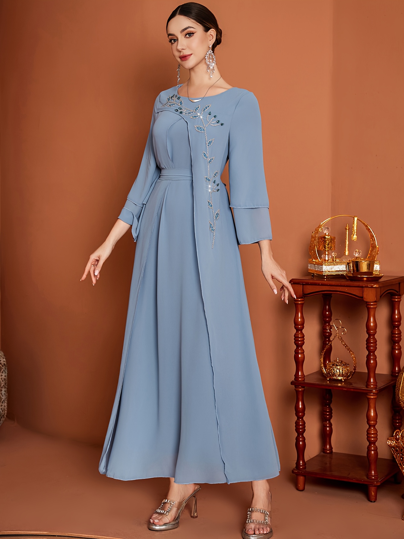 Elegant Middle Eastern-Inspired Double Layer Asymmetrical Hem Dress with  Hand-Sewn * Waist Detail - Breathable Chiffon Long Sleeve Belted For