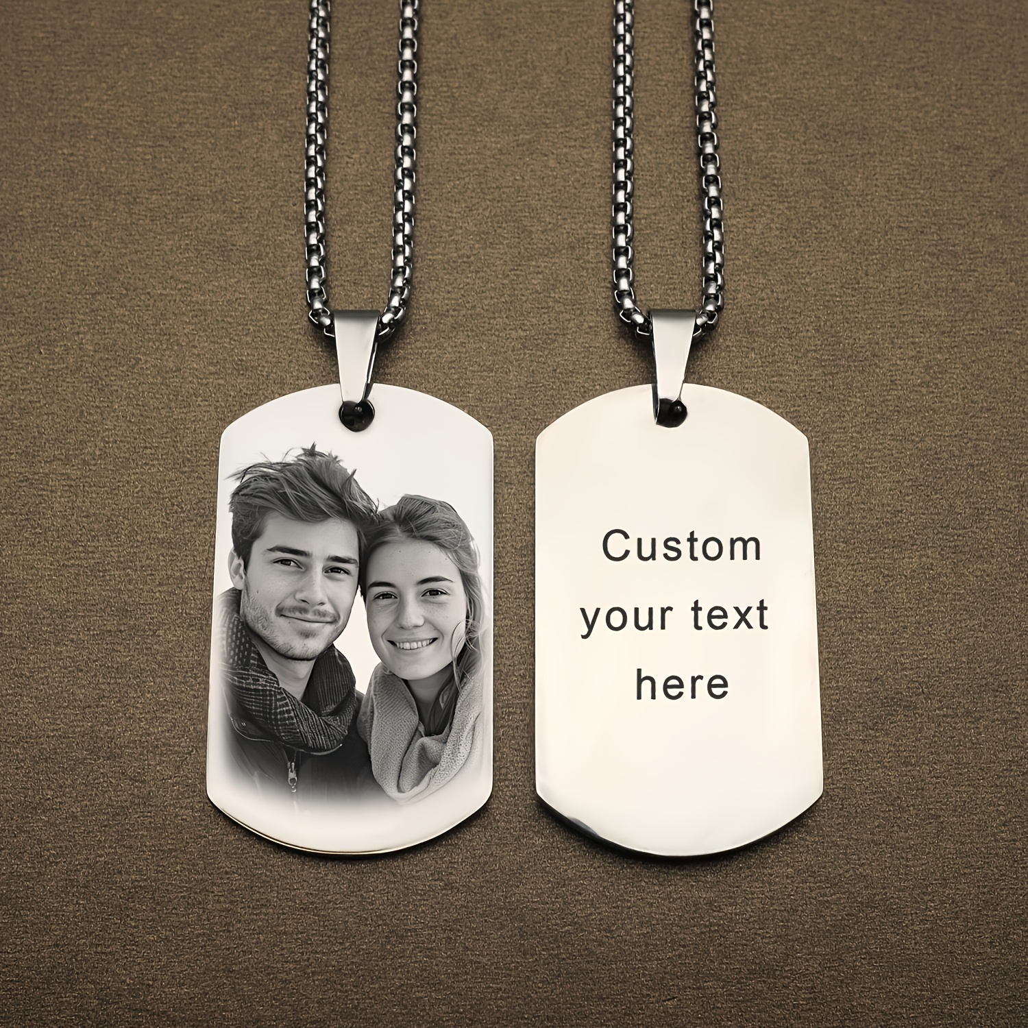 

Custom Photo Dog Tag Pendant Necklace, Personalized Engraved Text, Gifts For Lovers, Fashionable Style, Unisex, Ideal For Day And Father's Day