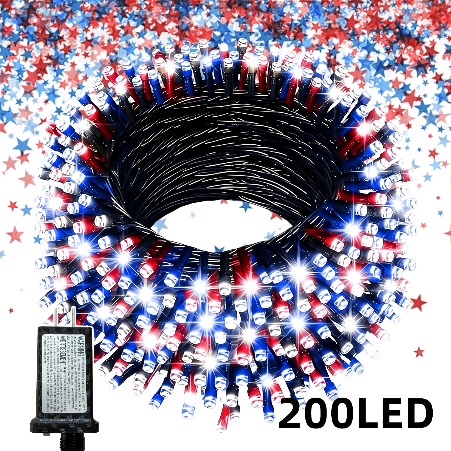 TEMU 1 Pack Of 100/200/300 Led String Lights, Red, White, And Blue Outdoor Lights, Lights, 8 Patriotic String Light Plug-in, Suitable For , Trees,