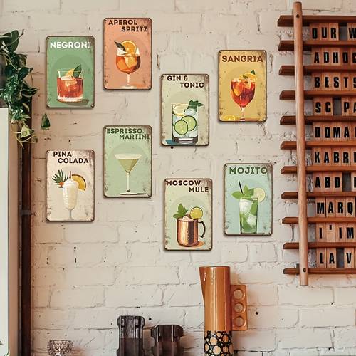 8pcs vintage cocktails metal tin signs set retro wall art decor poster picture plaque indoor outdoor decoration for bar pub cafe restaurant beer bar decorations garage for man cave store shop decor