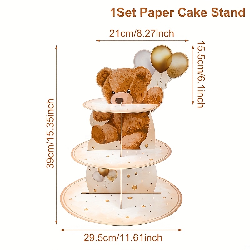 TEMU 1set, Cake Stand, Bear Theme Cake Stand(non Food Contact), Brown Bear 3-tier Dessert Display Holder, Baby Shower Party Supplies, 1st Birthday
