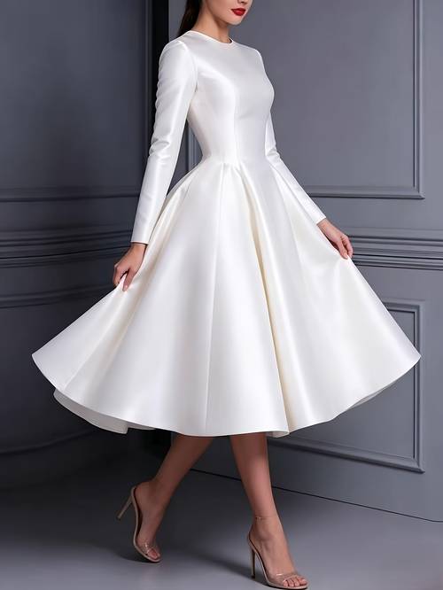 womens ivory crew neck plus size satin midi dress elegant stylish trendy wedding guest