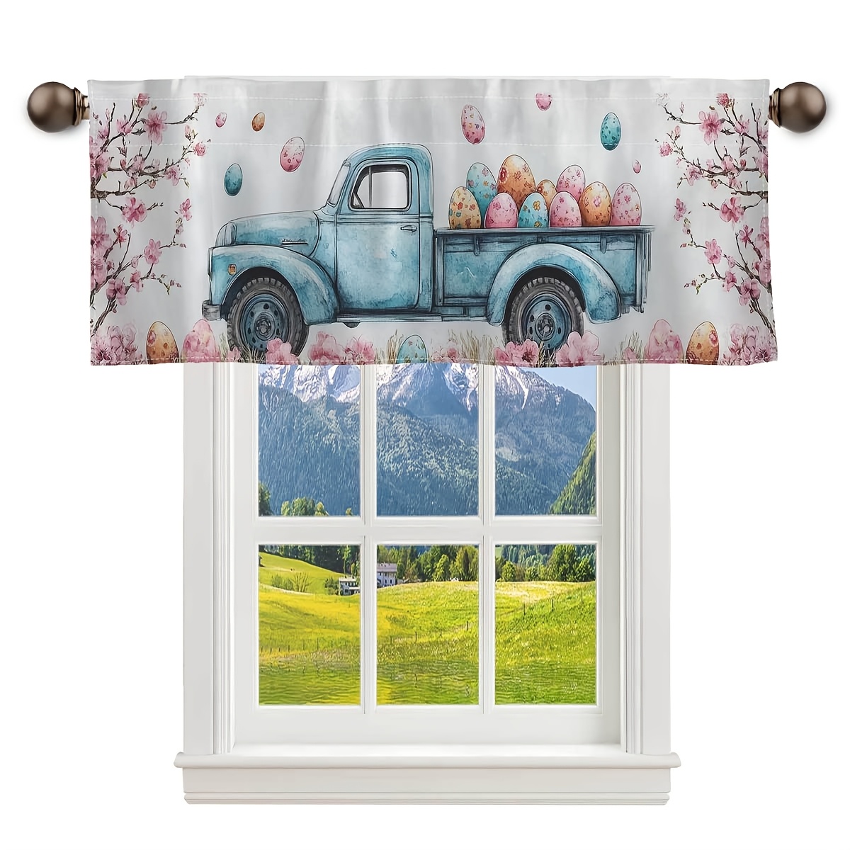 

Easter-themed Rod Pocket Curtain - 1pc, Truck With Eggs Print, Semi-transparent Polyester Valance Panel For Kitchen, Bedroom, Bathroom Decor, Washable, Decor, Throughout The Year Gift