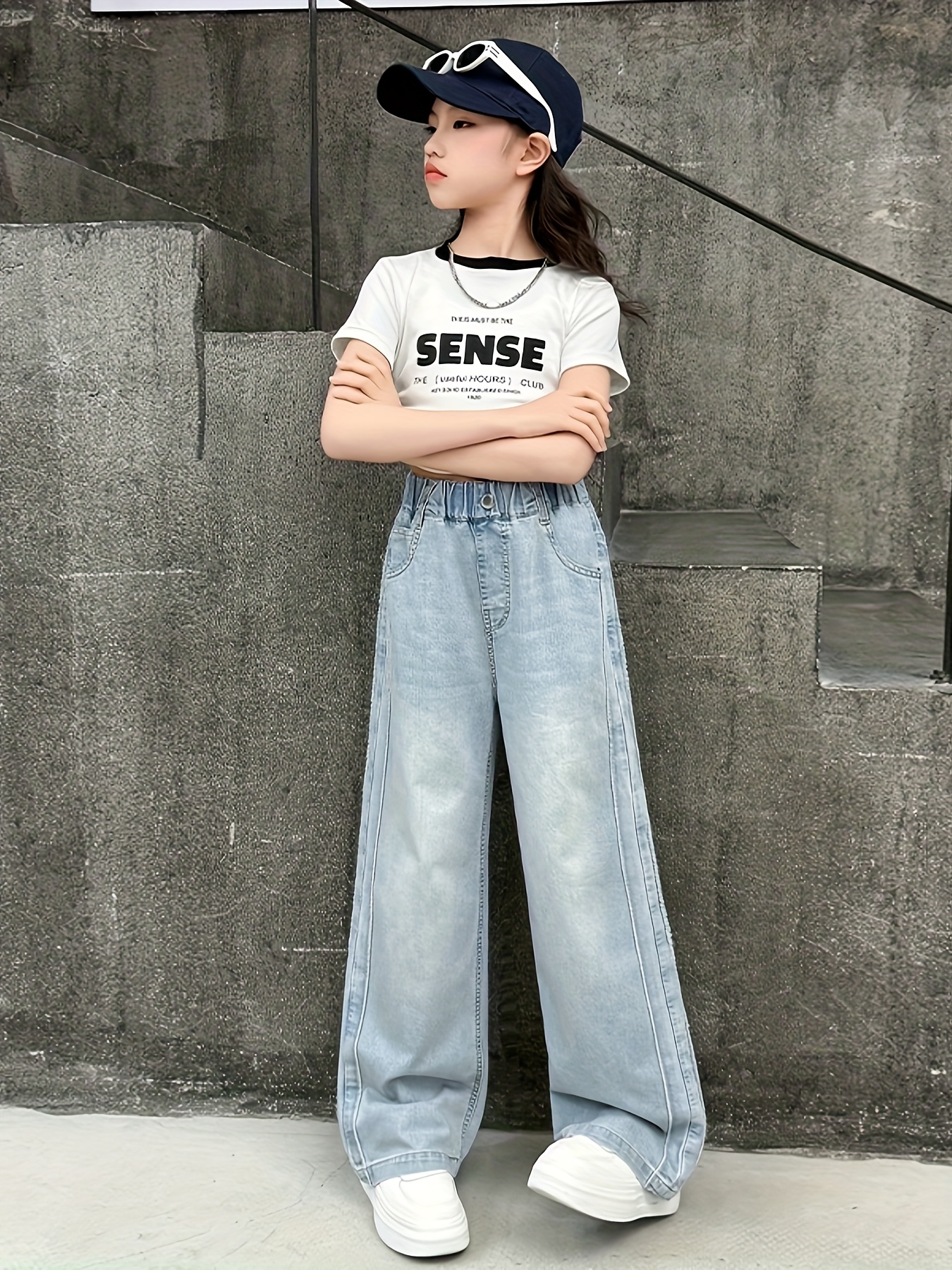 girls lightweight soft denim wide leg pants side frayed Temu