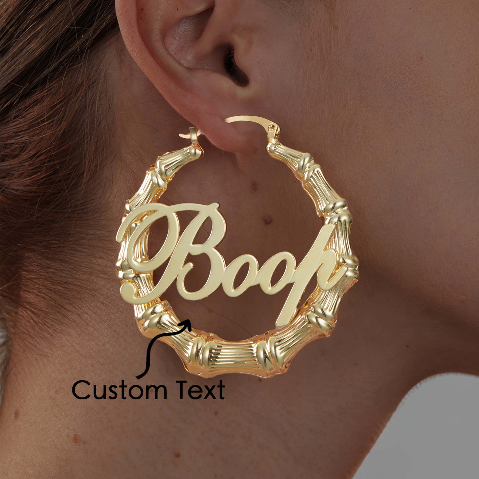 

18k Golden Plated Bamboo Hoop Earrings, Custom Text, Vintage Style, Copper Material, 5.5cm/3cm, Ideal For Parties, Vacations, Valentine's Day Gift, Wear