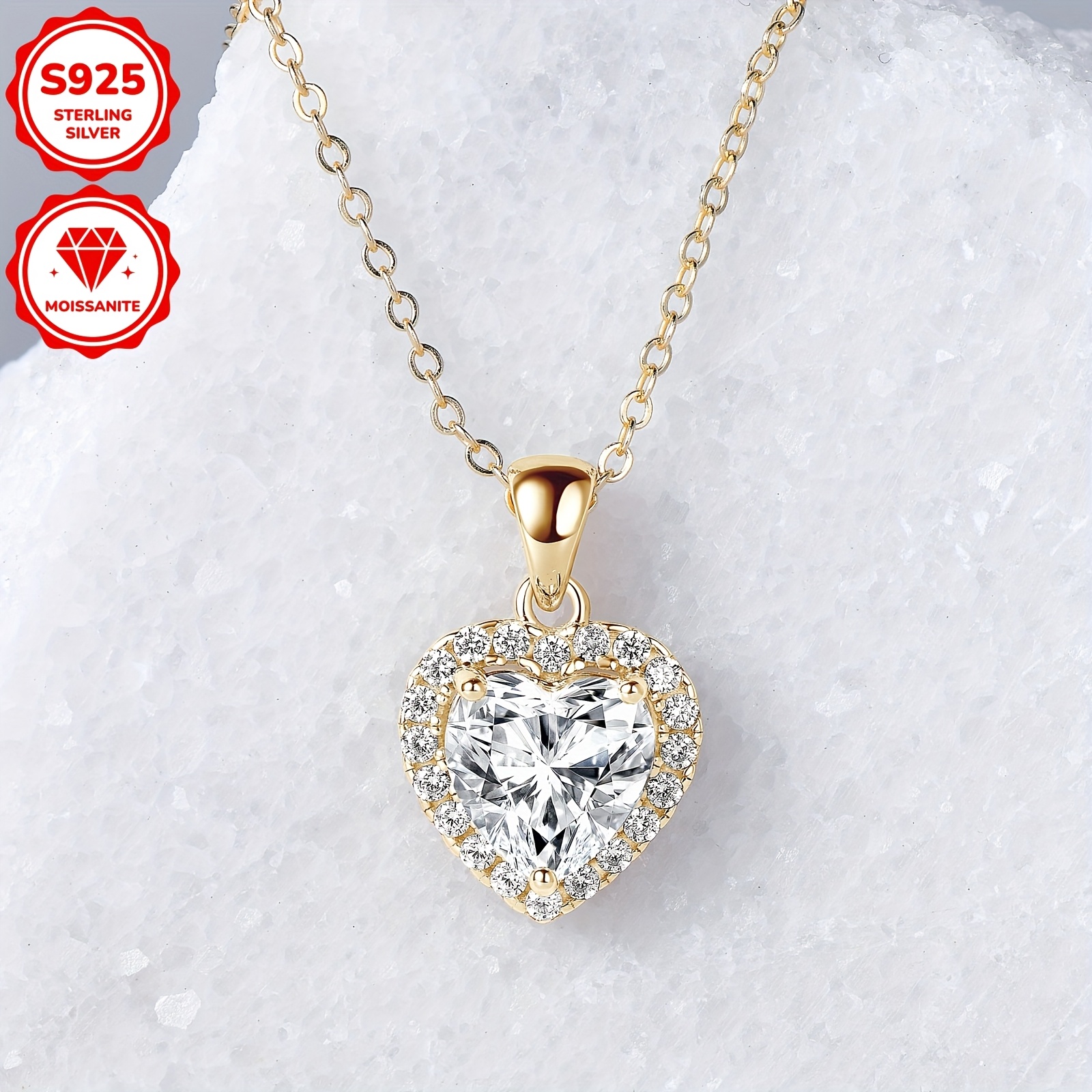 1pc 2ct moissanite heart pendant necklace elegant 925 sterling silver heart pendant necklace 2ct moissanite   14k golden plated synthetic april birthstone classic   with for   wedding christmas vacation   jewelry details 1