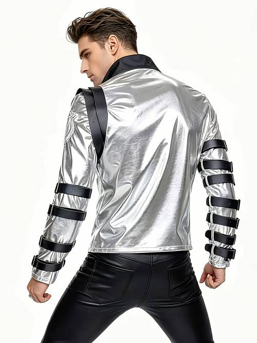 chaqueta de para hombre de estilo plateada con diseño de múltiples correas, de abrigo corta con cremallera, top de motociclista moderno para en