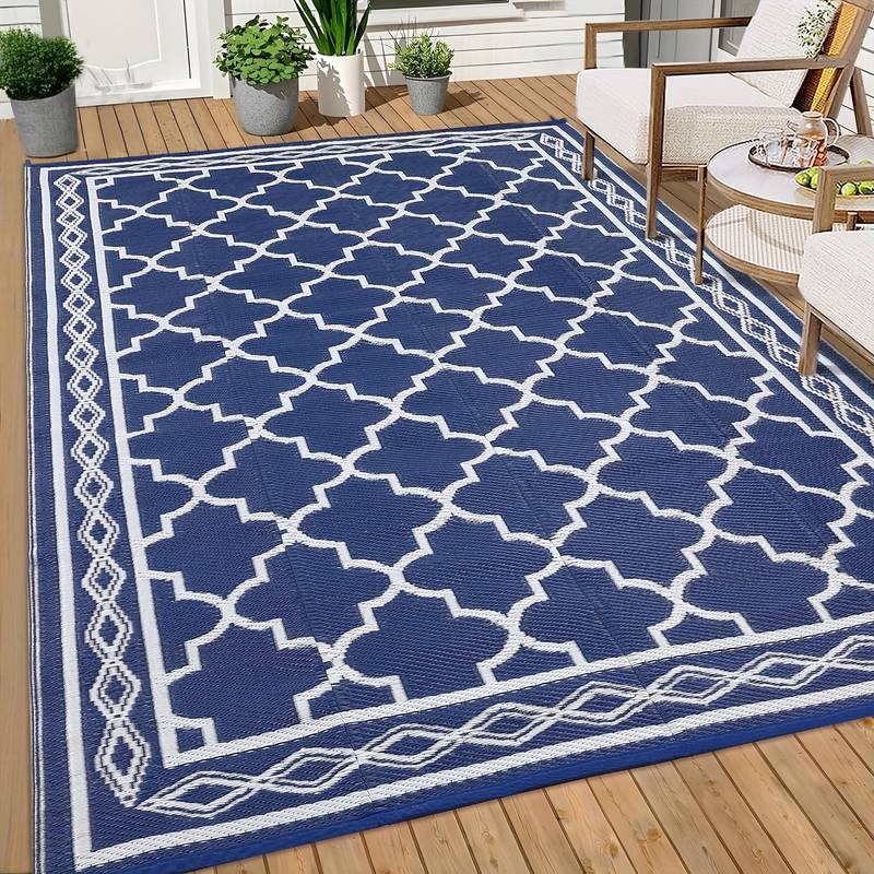 1pc high quality reversible outdoor mat southwestern trellis geometric checkered design durable polypropylene machine washable patio mat for backyard deck beach rv camping porch neutral bordered area mat large sizes outdoor rugs high quality backyard decor woven texture sturdy construction backyard loungers beach mat machinewashable 0