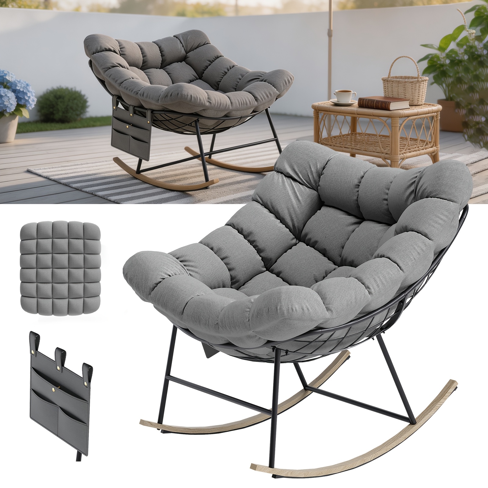 Extra Large Rocking Chair, Egg Papasan Chair With Cushion And Detachable Storage Bag, Swing Chair 330 Lbs Capacity, Comfortable Garden Lounge Chair For Indoor & Outdoor, Living Room, Terrace, Porch