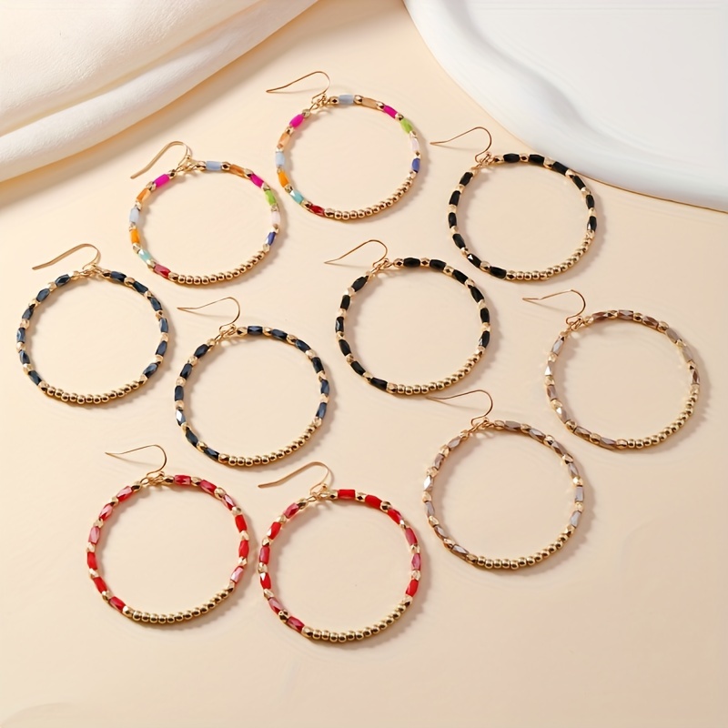 

Chic Golden-tone Glass Beaded Hoop Earrings For Women - Fashionable & , Multiple Colors