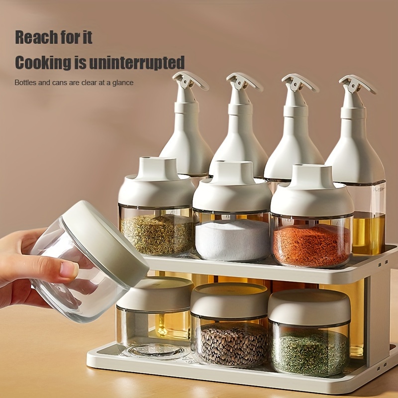 

11pcs Glass Condiment Set With Storage Rack - Leakproof Seasoning & Oil Containers For Kitchen Organization, White