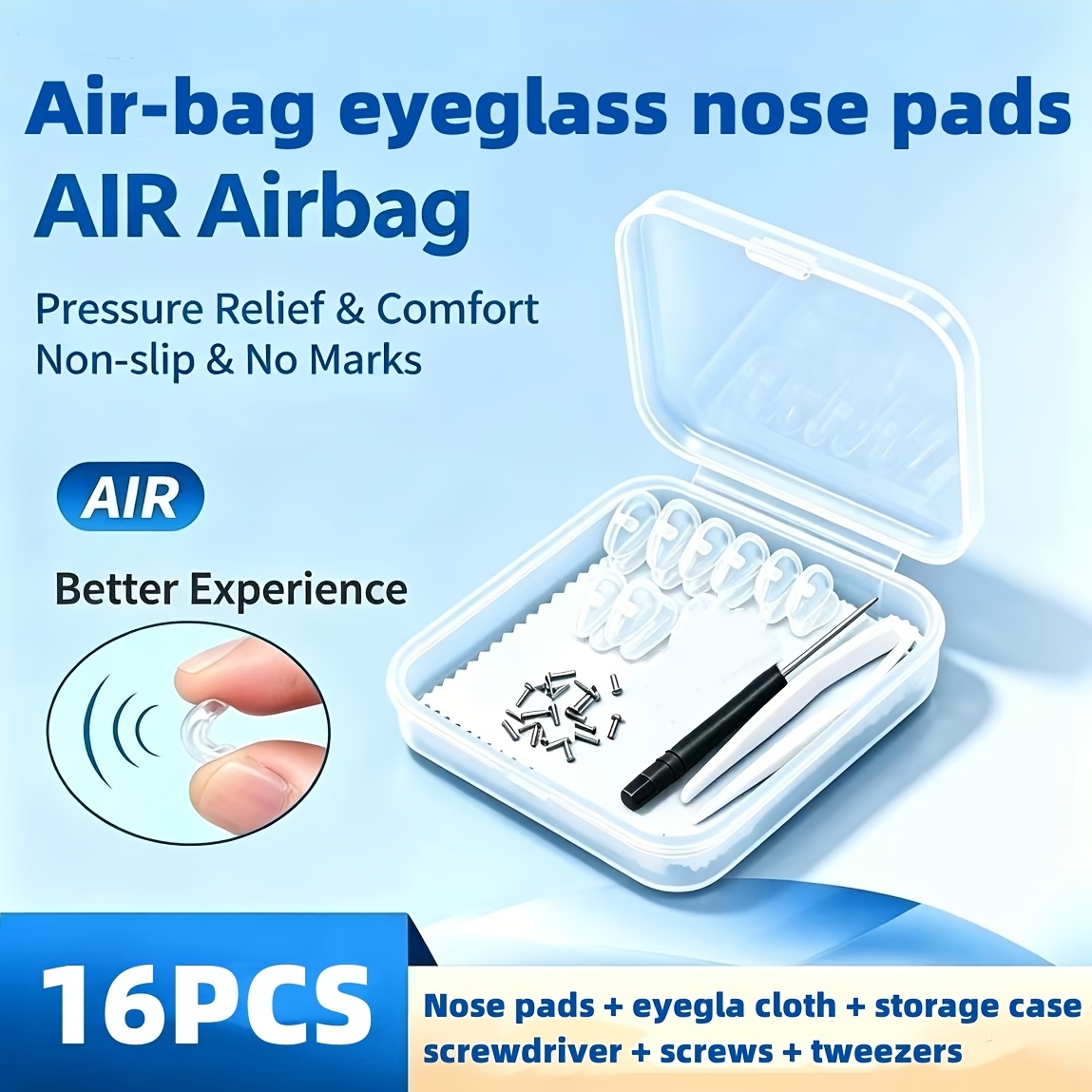 TEMU 16pcs Silicone Eyeglass Nose Pads, Soft Pressure- Anti-slip Replacement Nose Pad Kit For Glasses, Includes A Screwdriver, Tweezers, Screws,