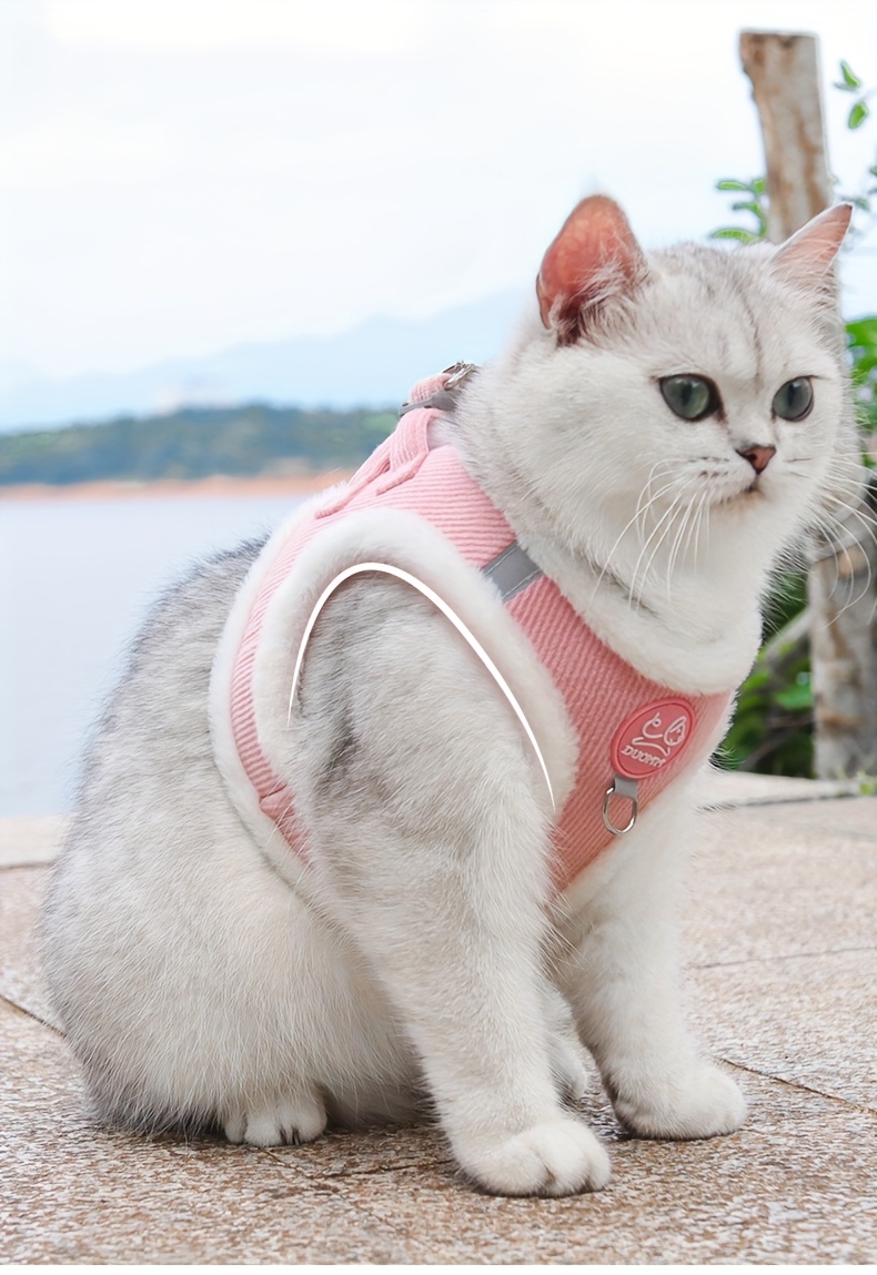 Chaleco Arnés para Gatos Cómodo y Reflectante con Correa - Suave, Cálido Poliéster en Rosa, Azul, Marrón | Ajustable, Accesorios Metálicos Duraderos para Paseos Nocturnos Seguros | Apta para la Mayoría de los Gatos, Arnés y Correa para Gatos