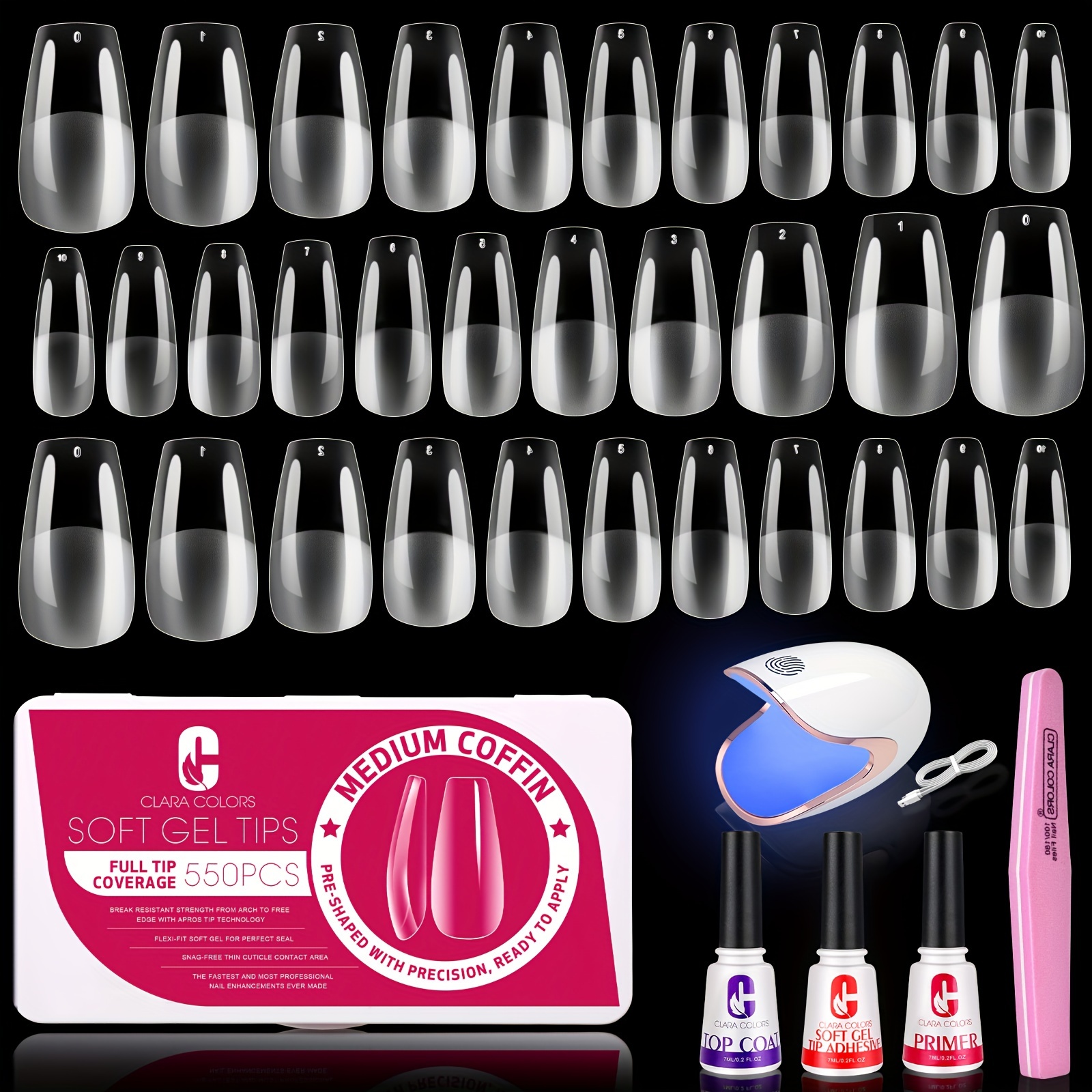 

Clara Colors Nail Tips And Glue Gel Kit - 550pcs Soft Gel Nail Tips Half Matte Medium Coffin Shape With Mini Led Nail Lamp, Top Coat And Primer, Diy Nail Art Fast Nail Extension Set