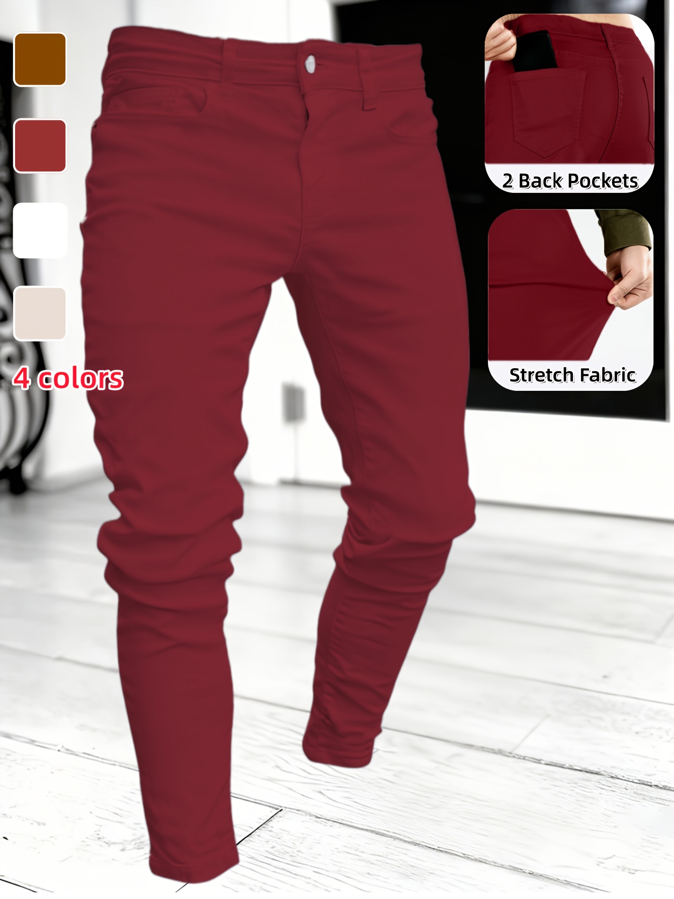 Men's Skinny Jeans Suitable for All Seasons - Stretch Trousers with Mid-Rise Beltless Zipper Closure, Machine Washable White Washed Style Pants for Casual & Formal Wear, Modern Tight-Fit Wardrobe Essential